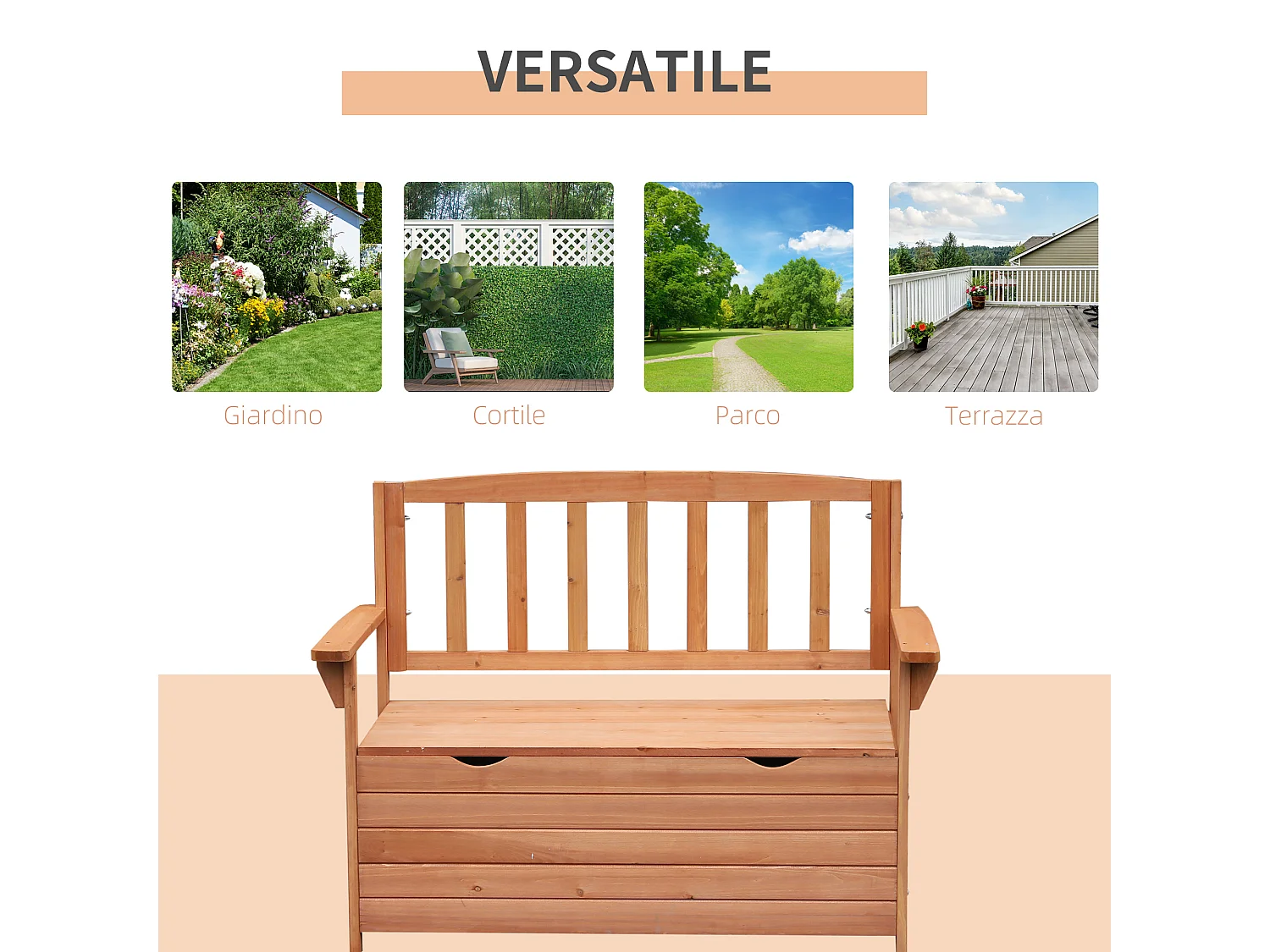 Panchina da giardino 2 posti con vano contenitore in legno di abete