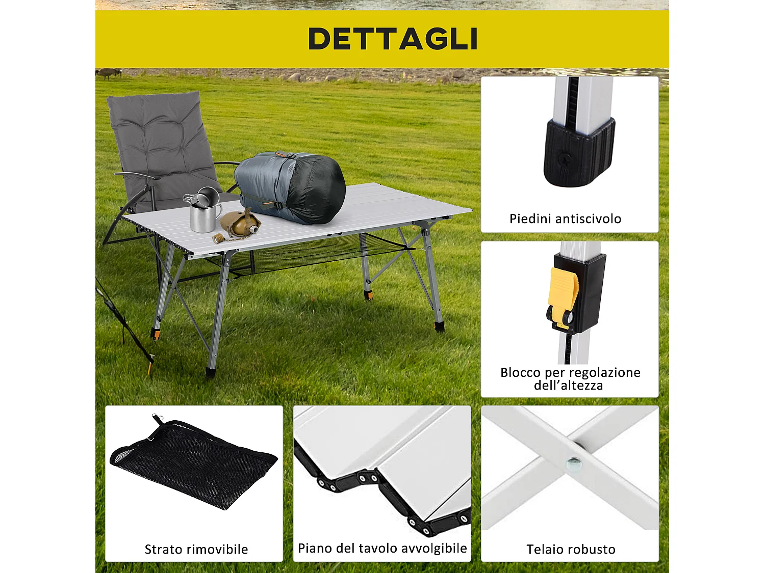 Tavolo da campeggio pieghevole con custodia in alluminio