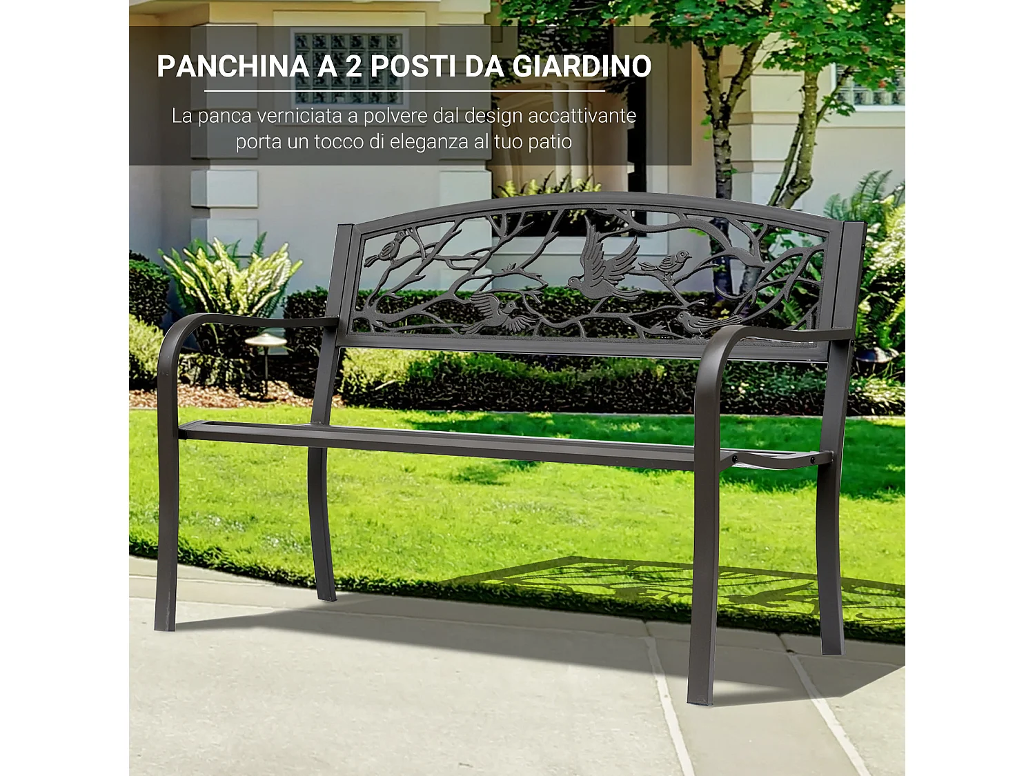 Panchina da Giardino Impermeabile in Acciaio e Ghisa con Schienale Decorativo