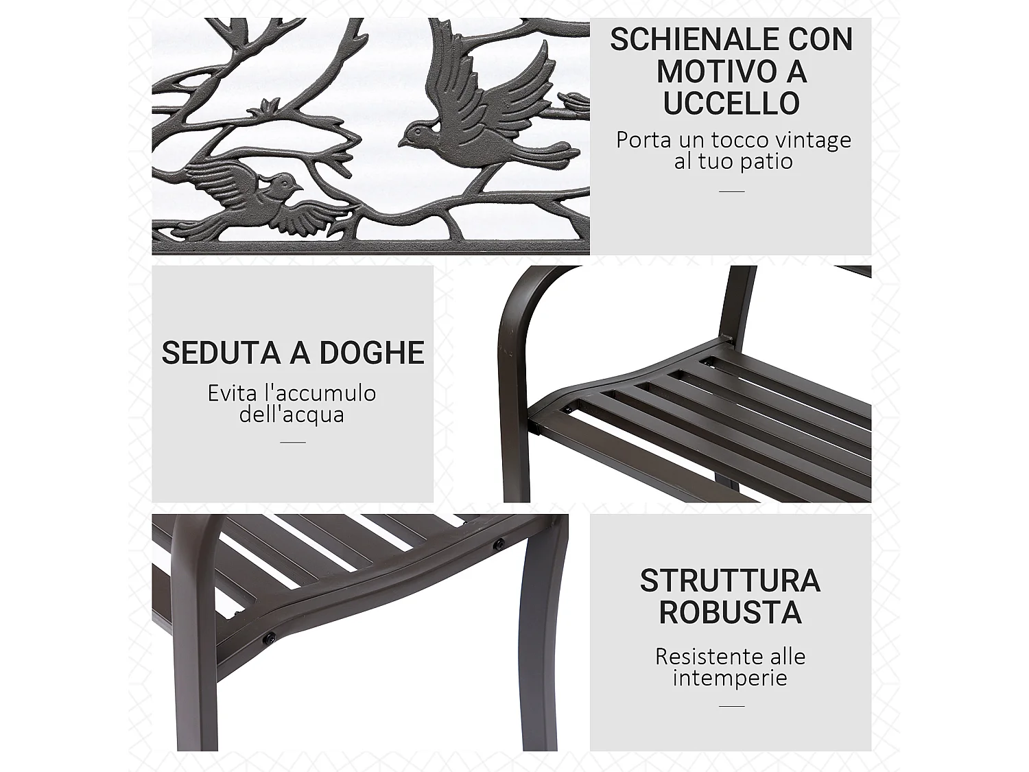 Panchina da Giardino Impermeabile in Acciaio e Ghisa con Schienale Decorativo