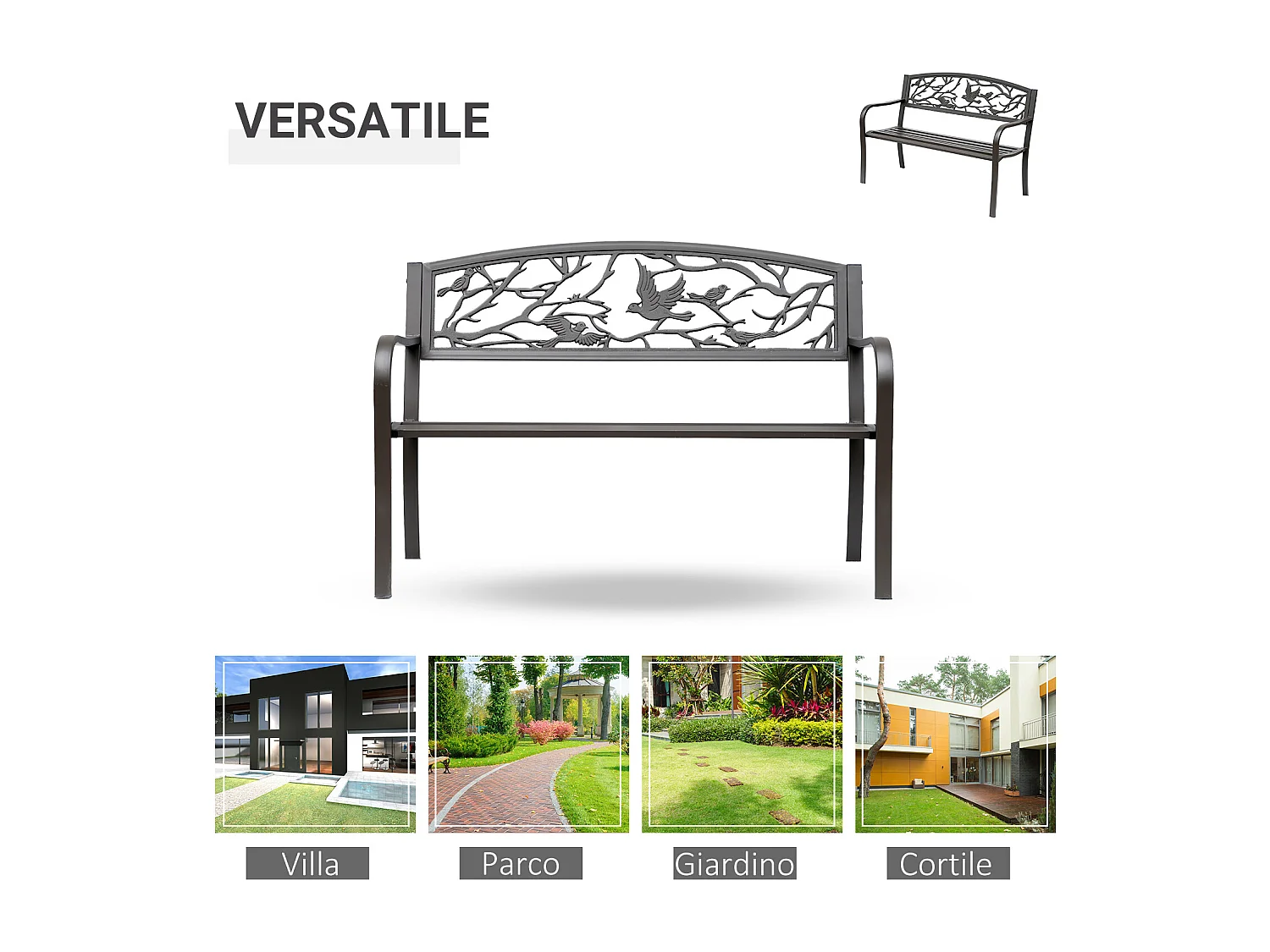 Panchina da Giardino Impermeabile in Acciaio e Ghisa con Schienale Decorativo