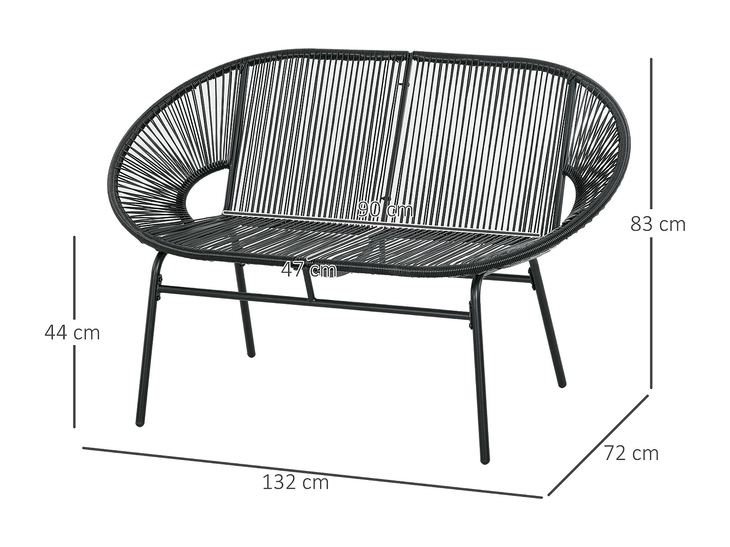 Divano da giardino 2 posti con cuscini in rattan pe e acciaio nero