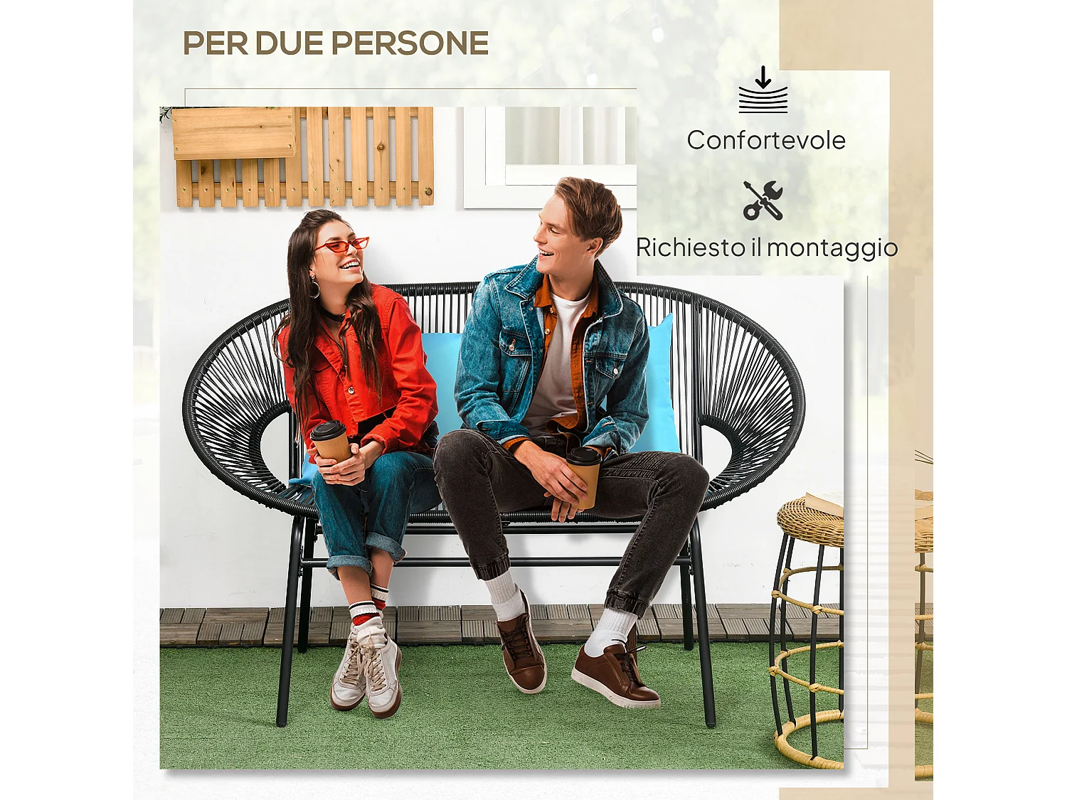 Divano da giardino 2 posti con cuscini in rattan pe e acciaio nero