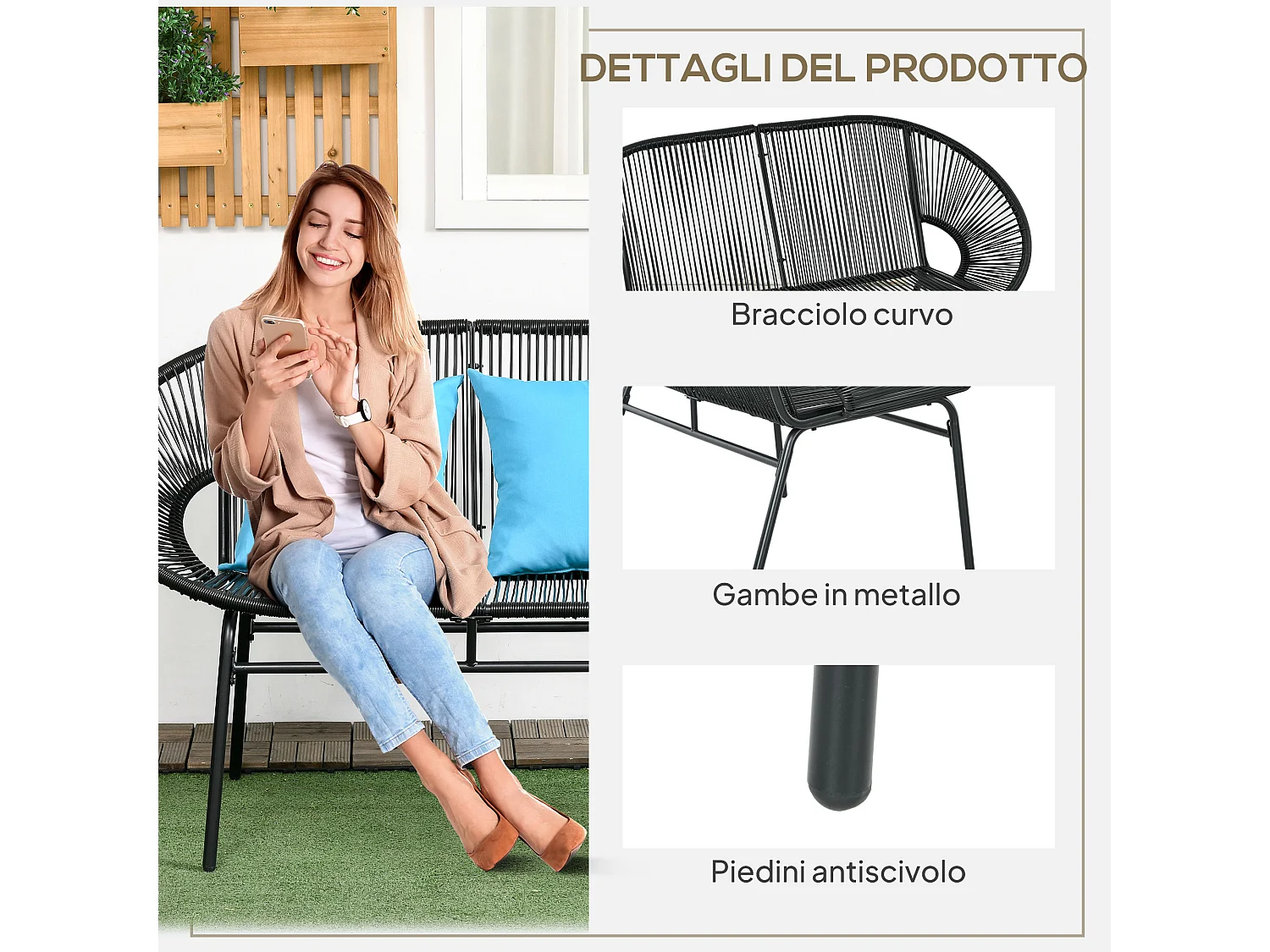 Divano da giardino 2 posti con cuscini in rattan pe e acciaio nero