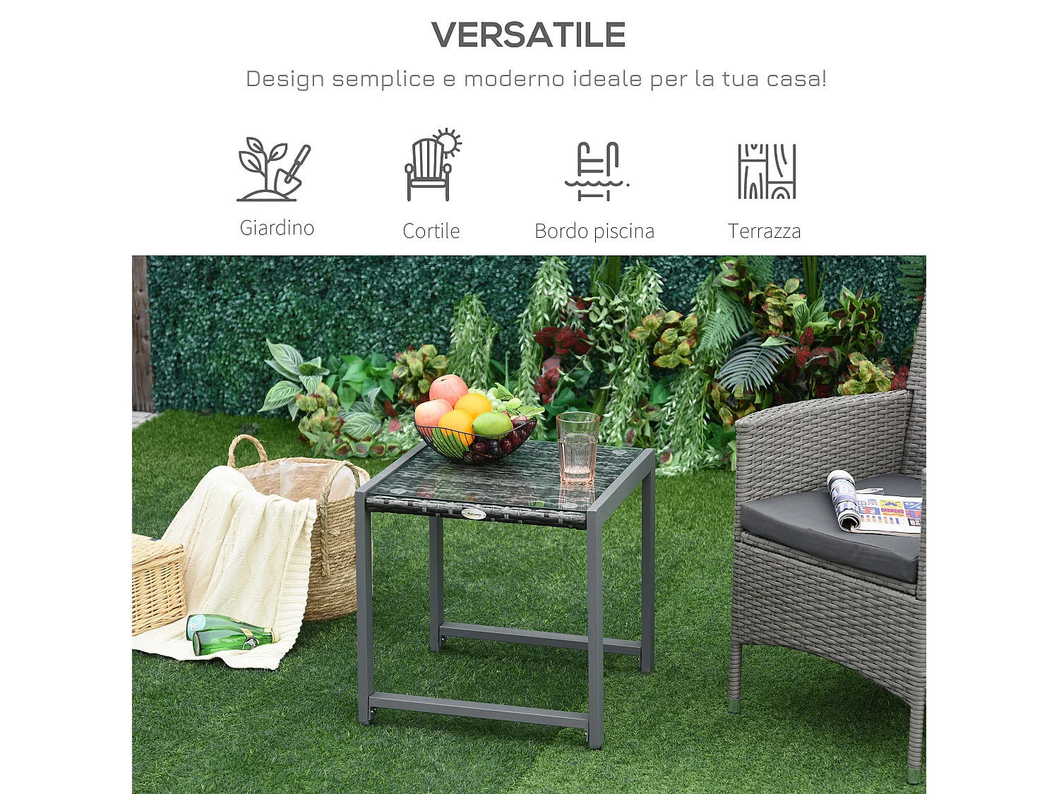 Tavolino da caffè da giardino in rattan con piano in vetro temperato