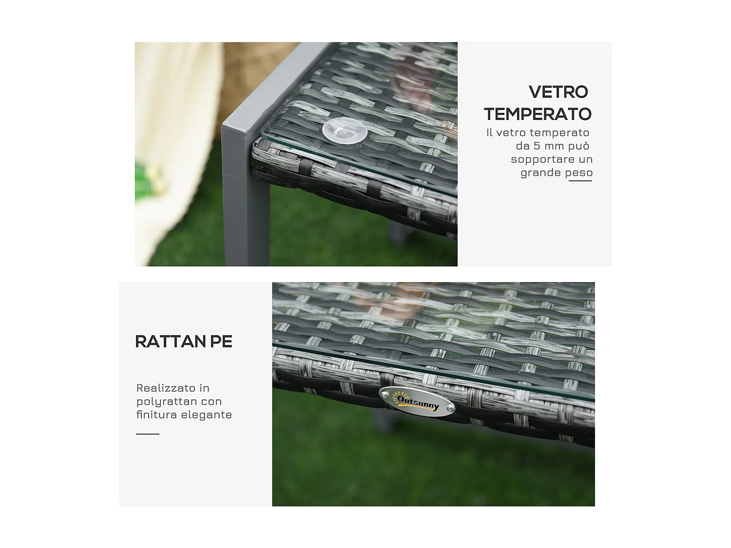 Tavolino da caffè da giardino in rattan con piano in vetro temperato