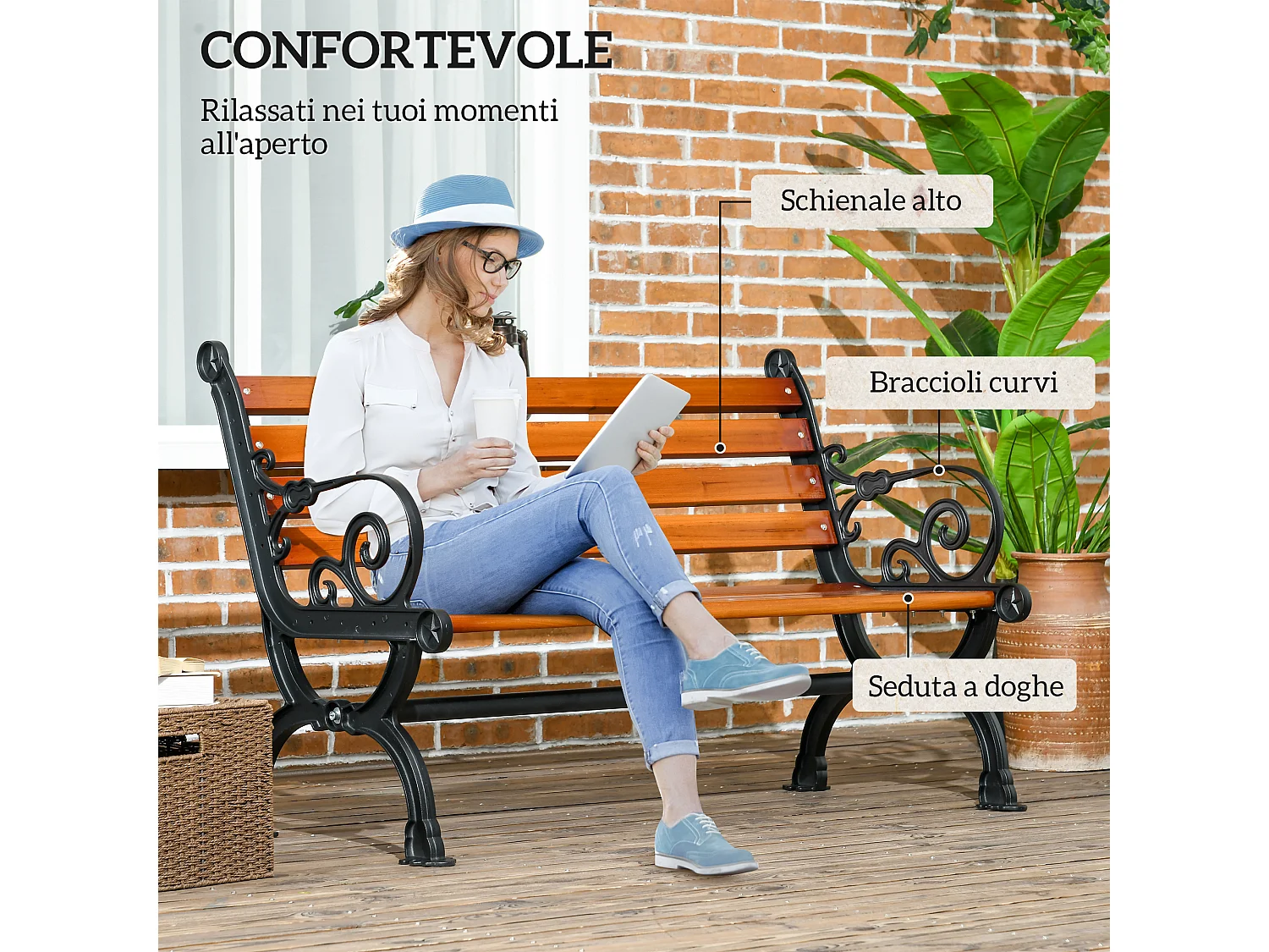 Panchina da giardino 2 posti in legno e alluminio colore teak