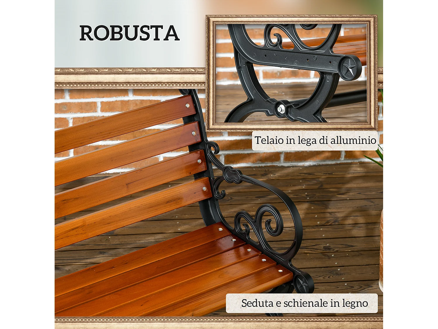 Panchina da giardino 2 posti in legno e alluminio colore teak