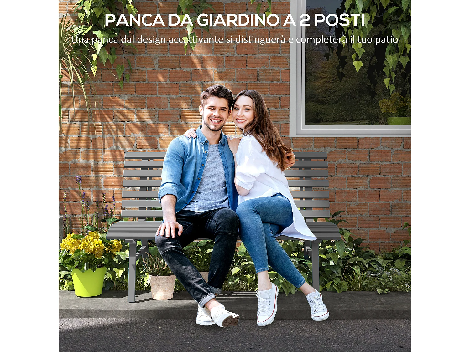 Panchina da giardino 2 posti a doghe in alluminio grigio