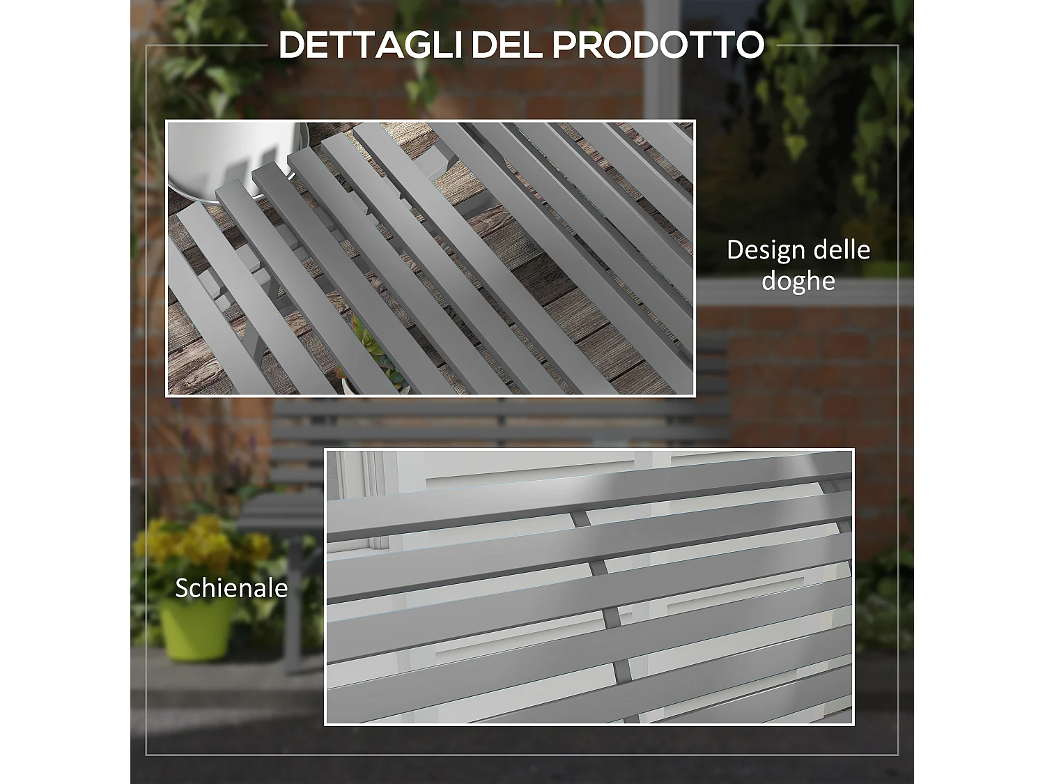 Panchina da giardino 2 posti a doghe in alluminio grigio