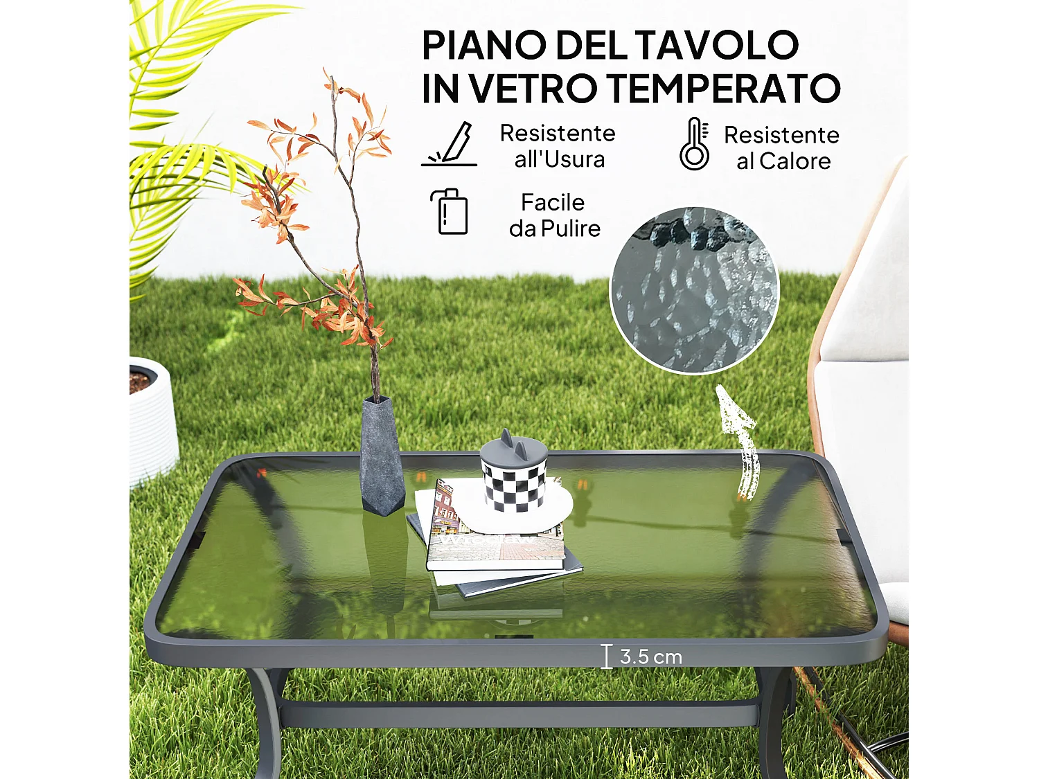 Tavolino da esterno rettangolare con piano in vetro temperato nero