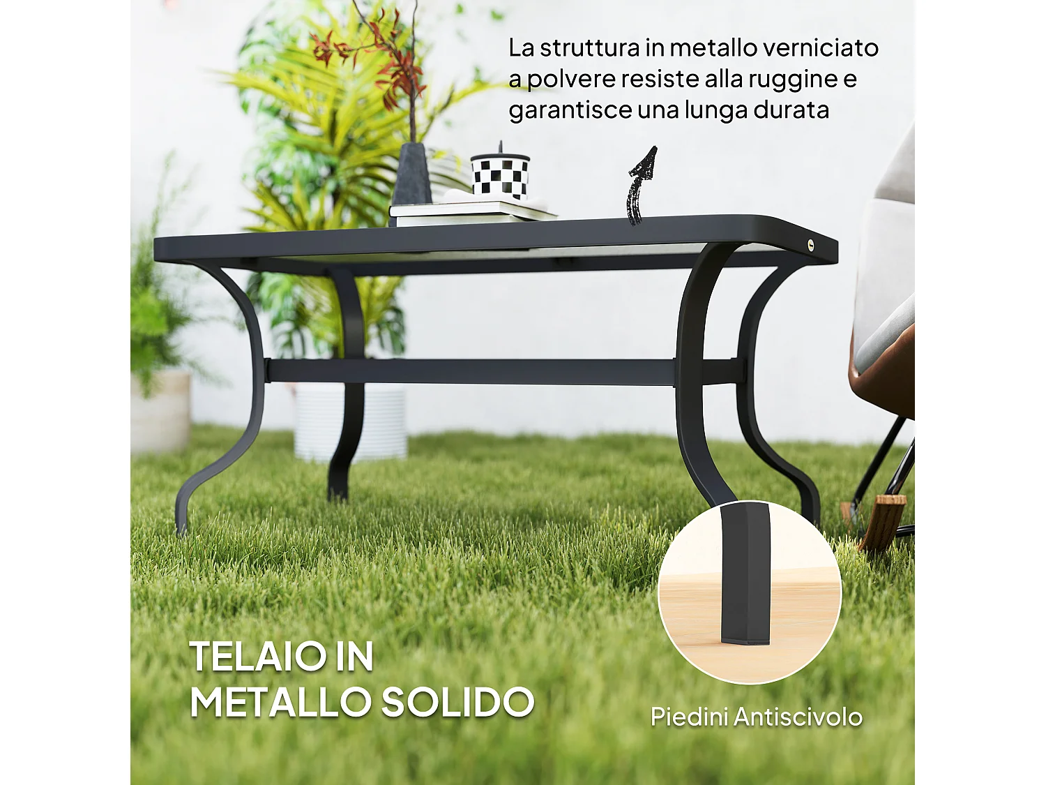 Tavolino da esterno rettangolare con piano in vetro temperato nero