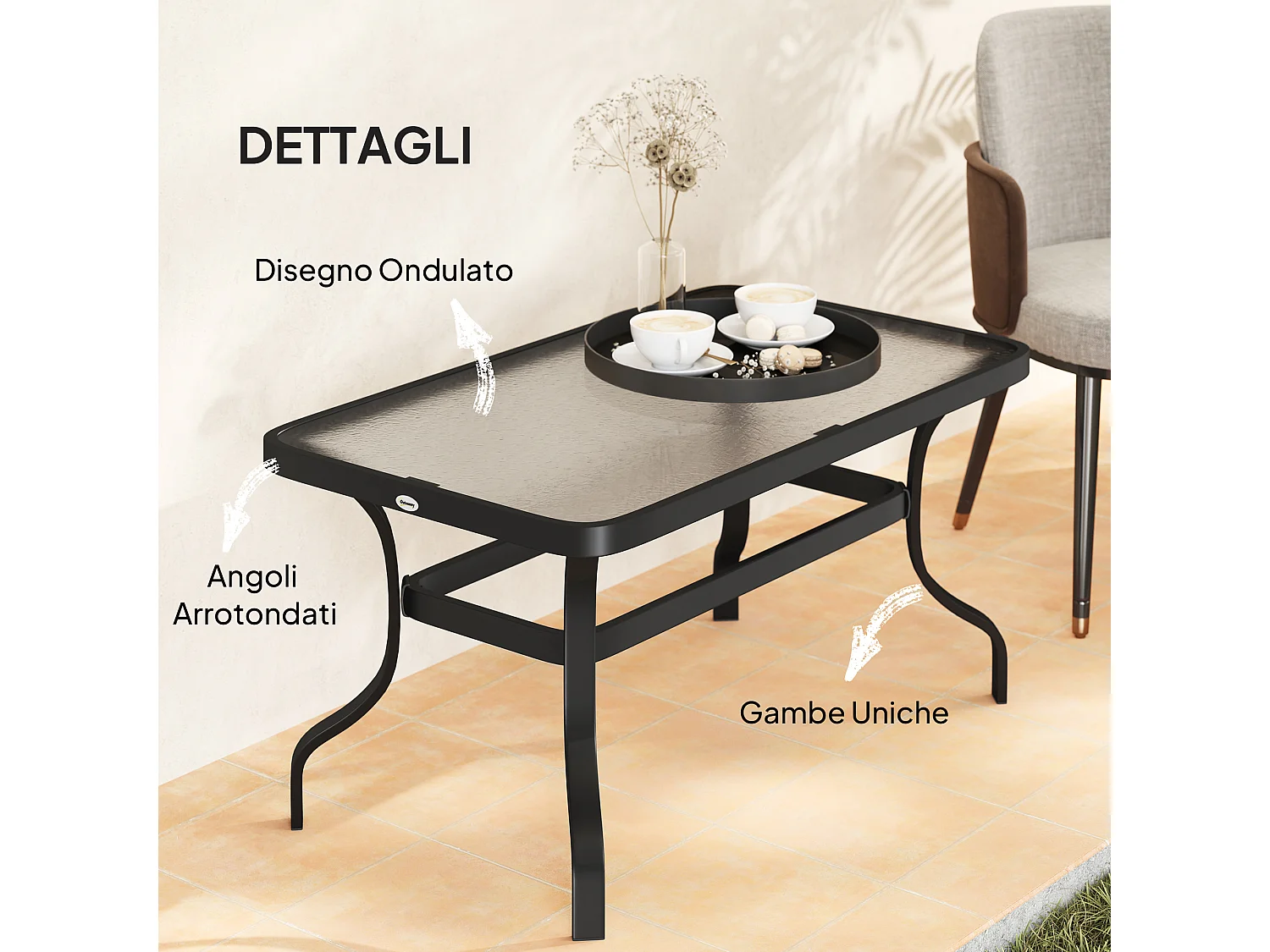 Tavolino da esterno rettangolare con piano in vetro temperato nero