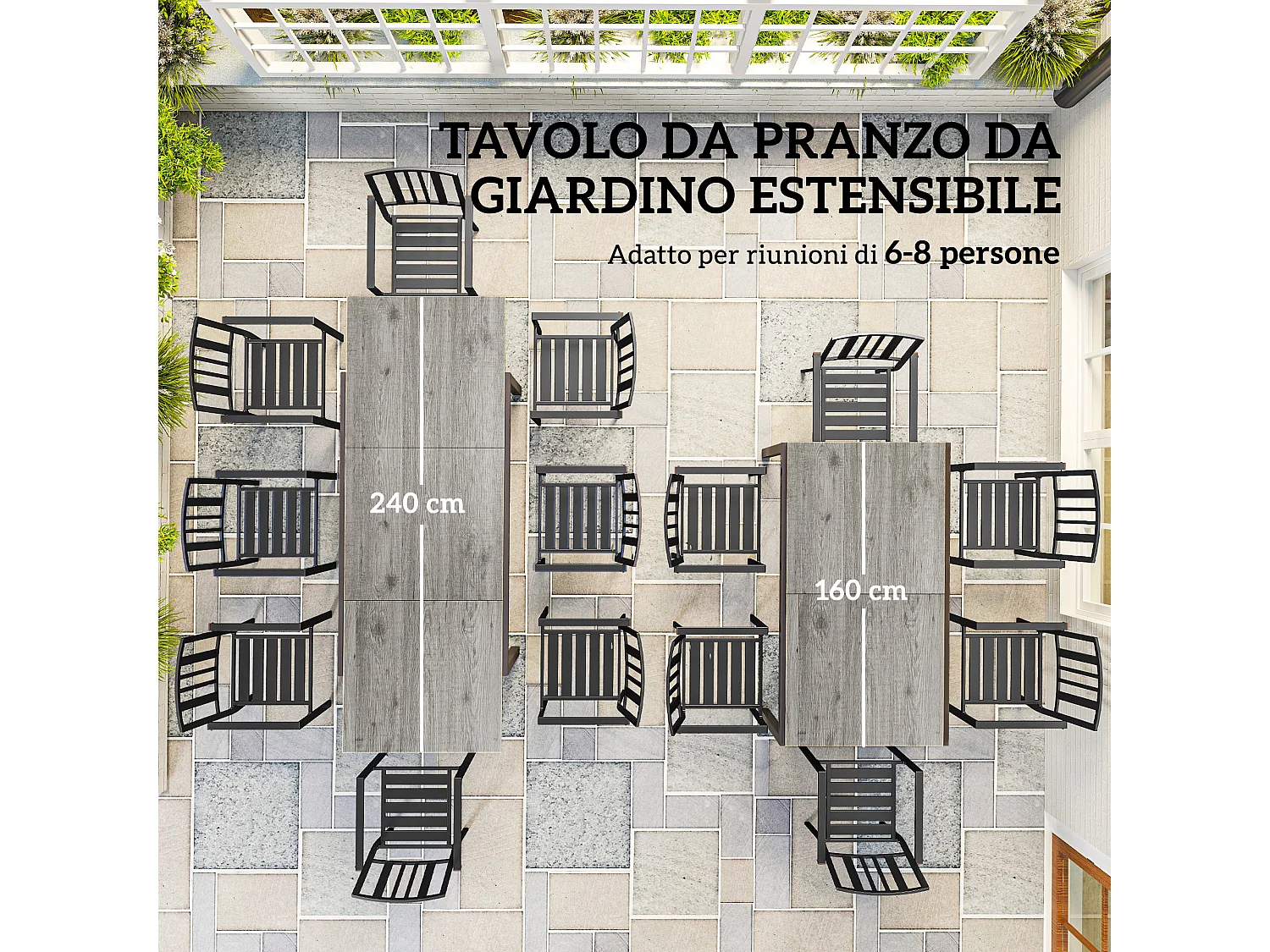 Tavolo da giardino estensibile 160-240 cm per 6-8 persone grigio