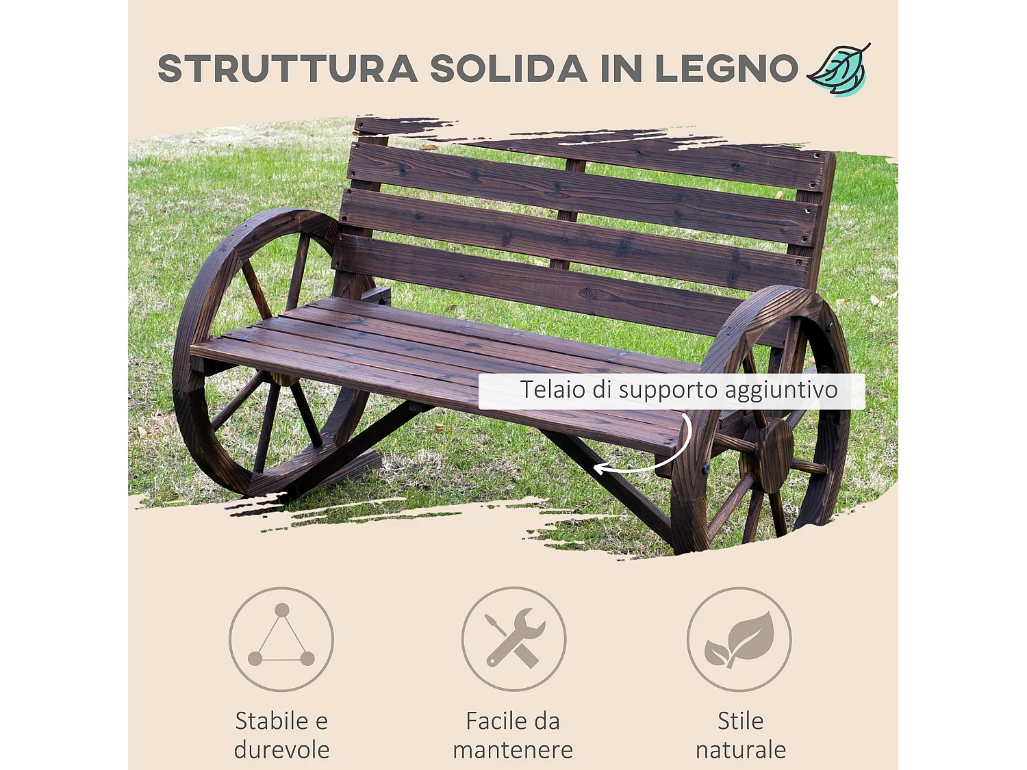 Panchina stile country per 2 persone in legno 105.5x56px75cm