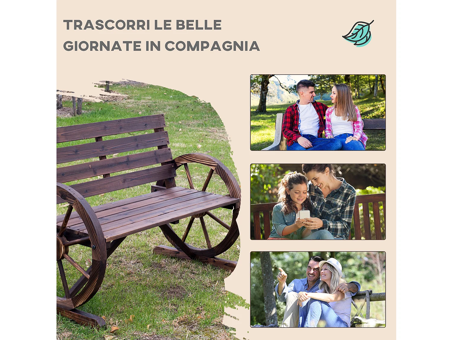 Panchina stile country per 2 persone in legno 105.5x56px75cm