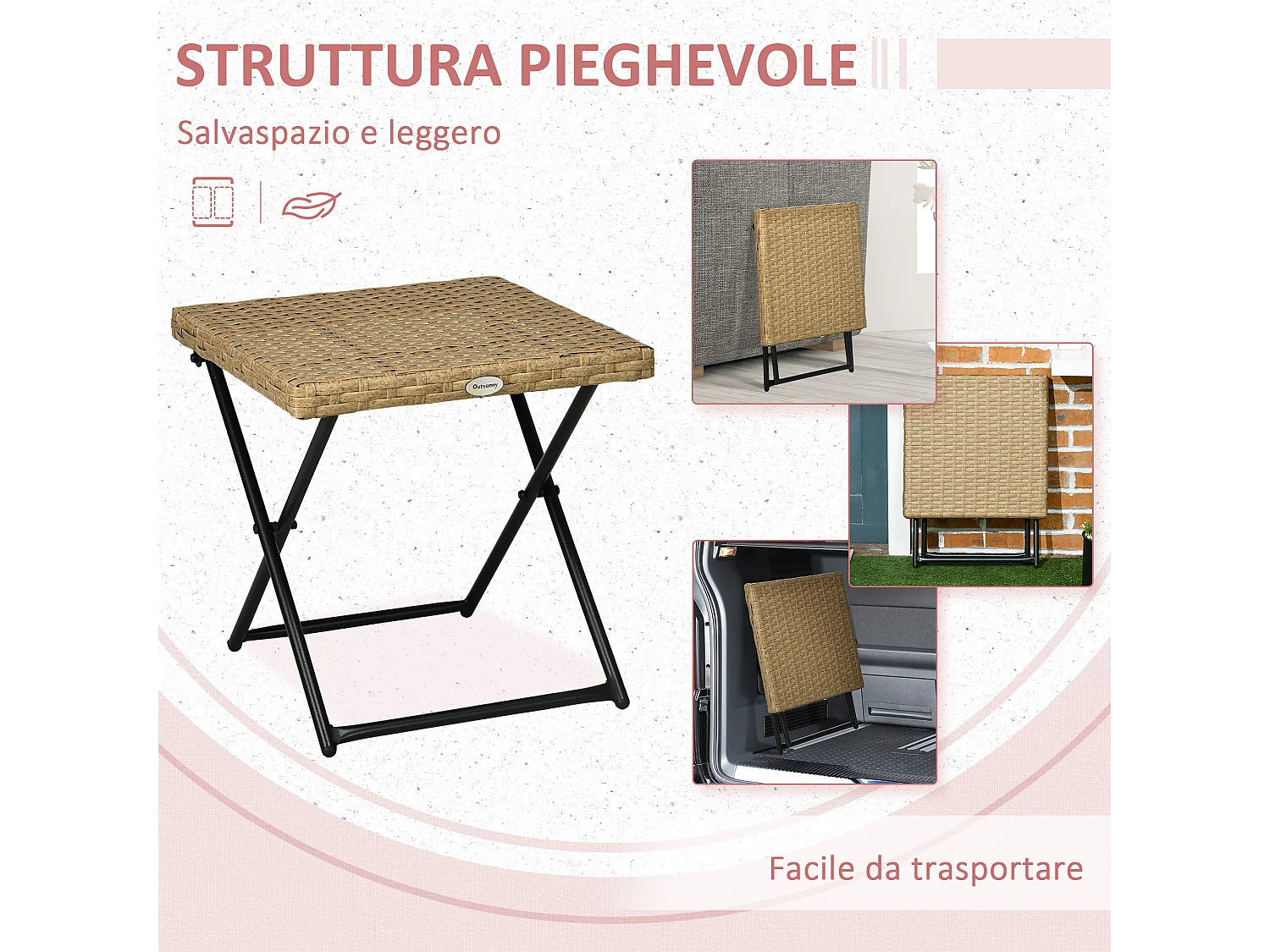 Tavolino da giardino pieghevole in rattan PE 40x40x40cm colore vimini