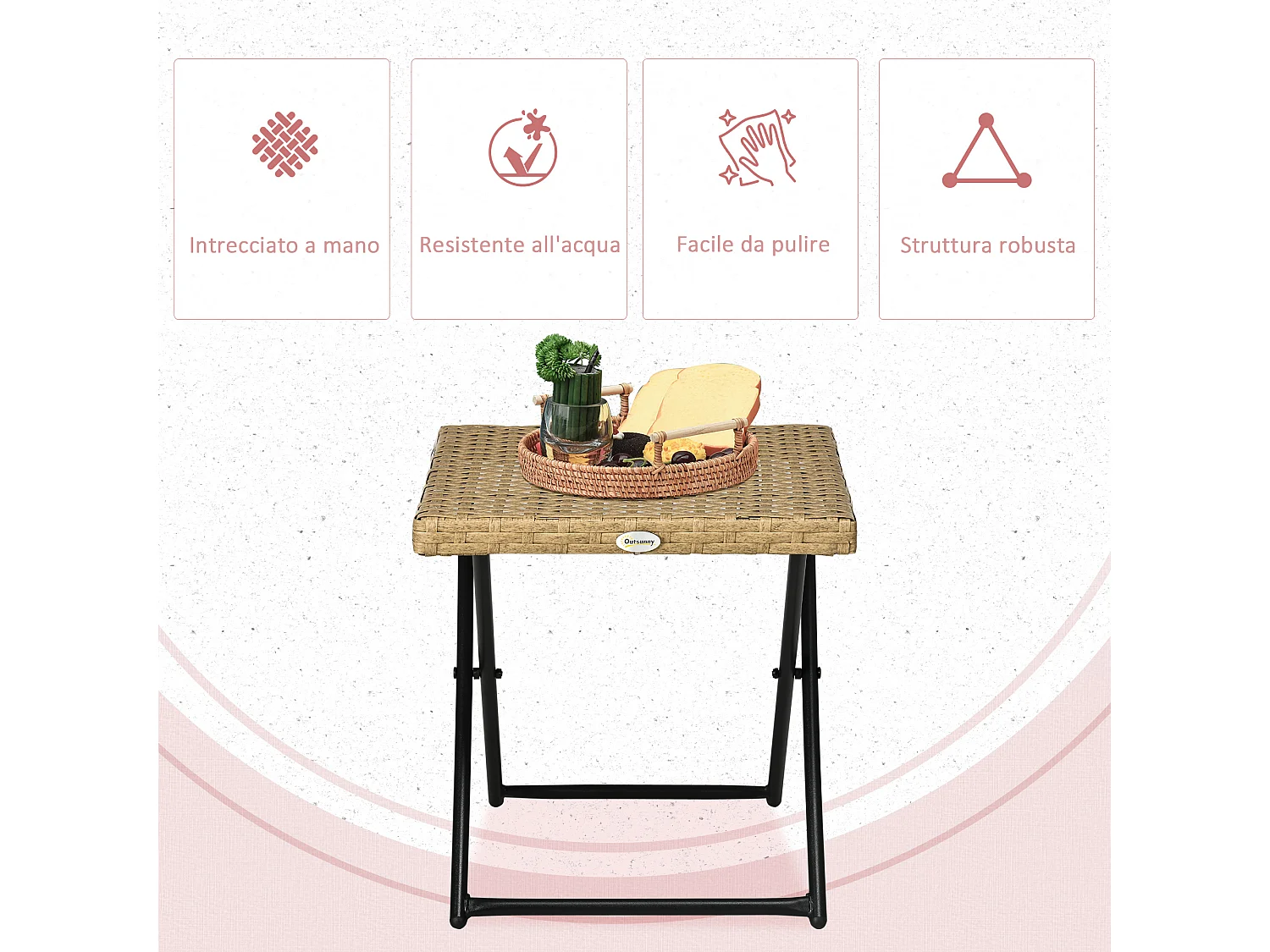 Tavolino da giardino pieghevole in rattan PE 40x40x40cm colore vimini