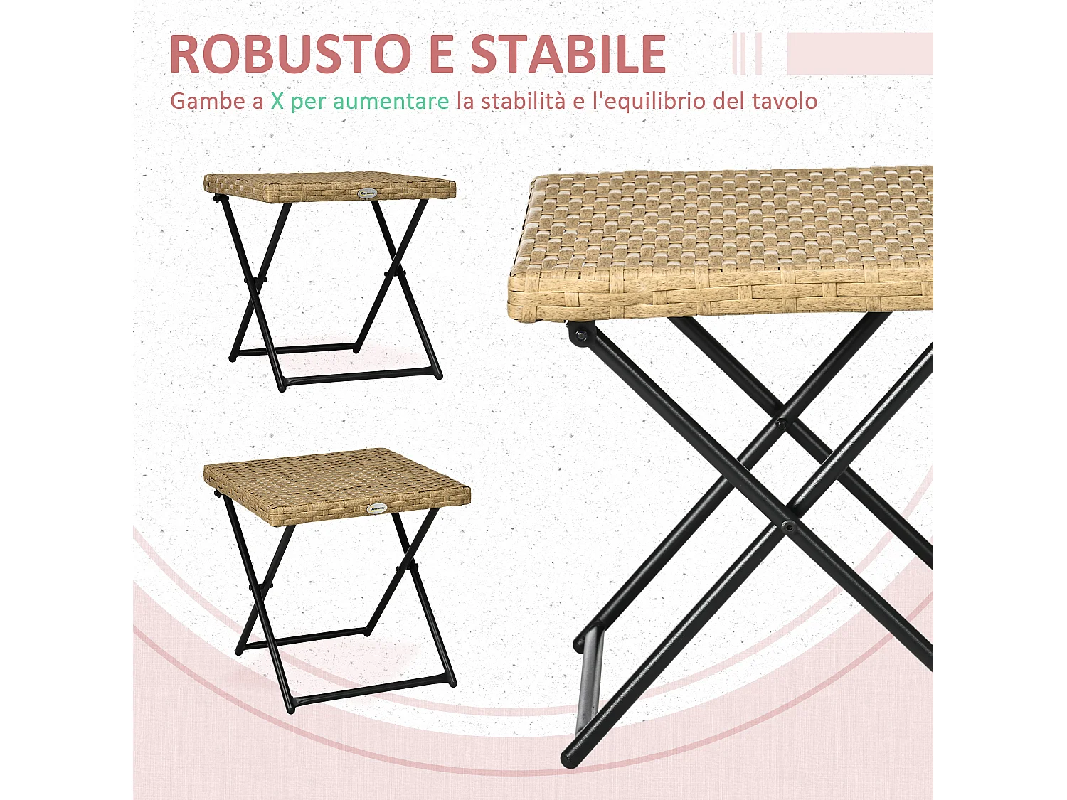 Tavolino da giardino pieghevole in rattan PE 40x40x40cm colore vimini