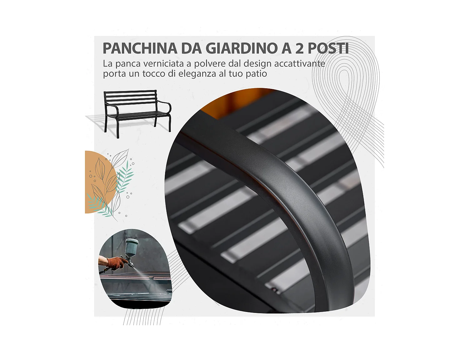 Panchina 2 Posti da Esterno in Metallo Impermeabile con Struttura Portante Max 240kg