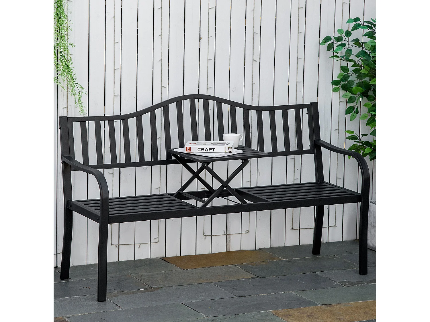 Panchina da giardino 3 posti a doghe con tavolino nero