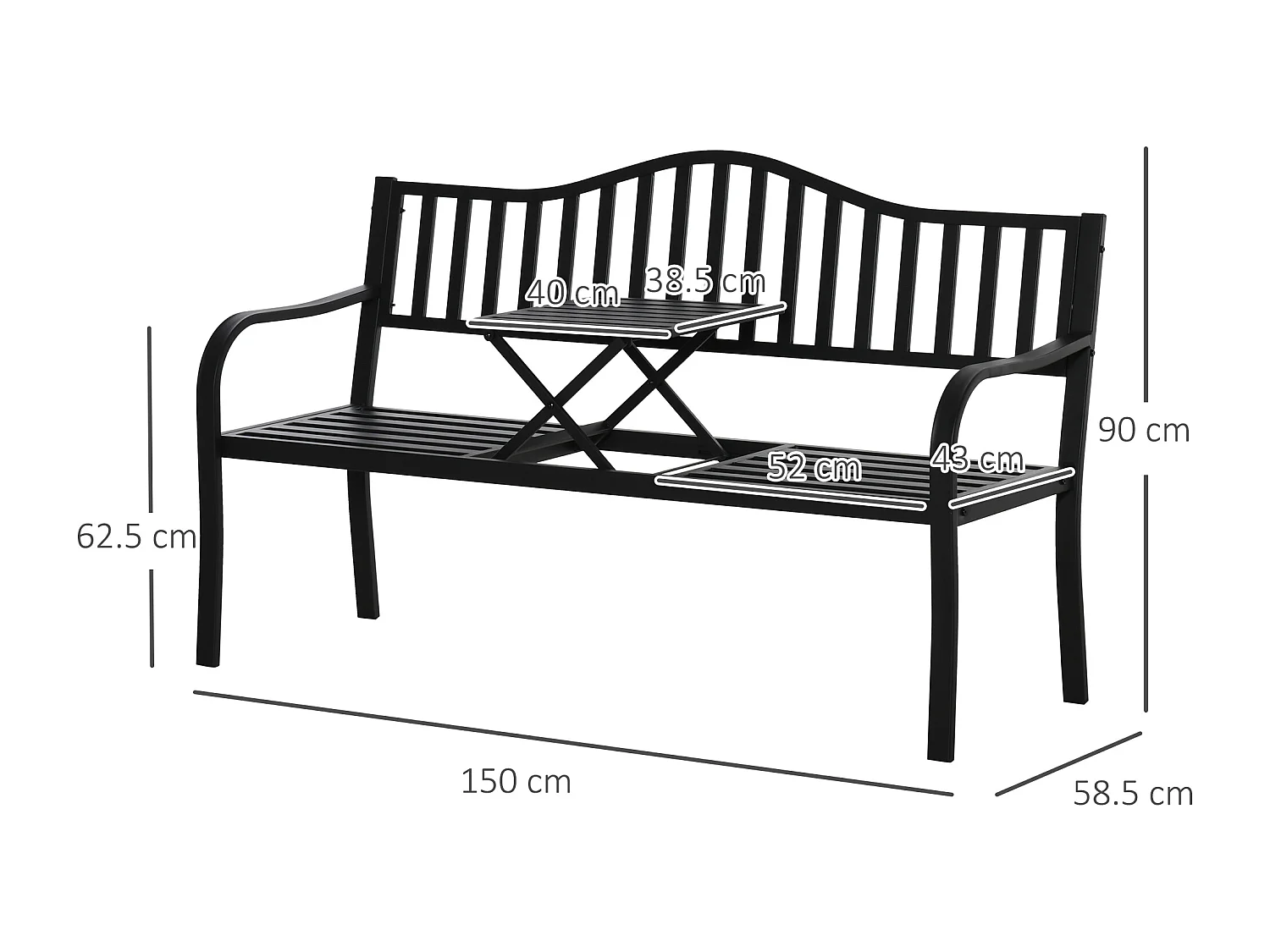 Panchina da giardino 3 posti a doghe con tavolino nero
