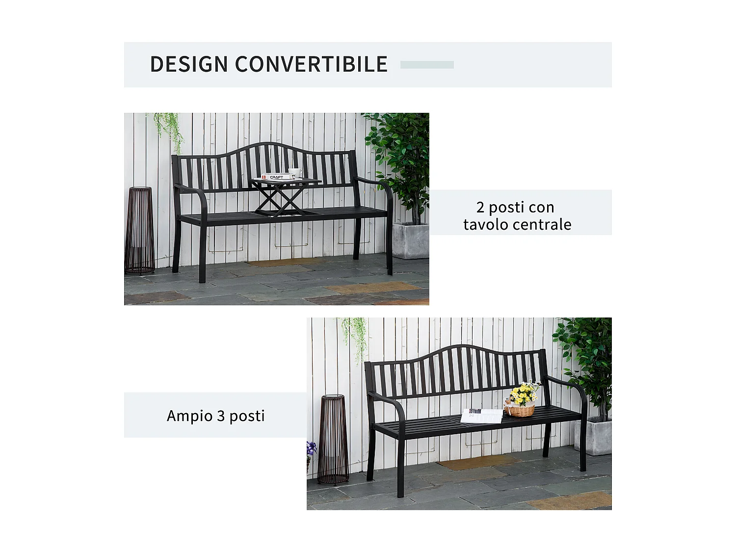 Panchina da giardino 3 posti a doghe con tavolino nero