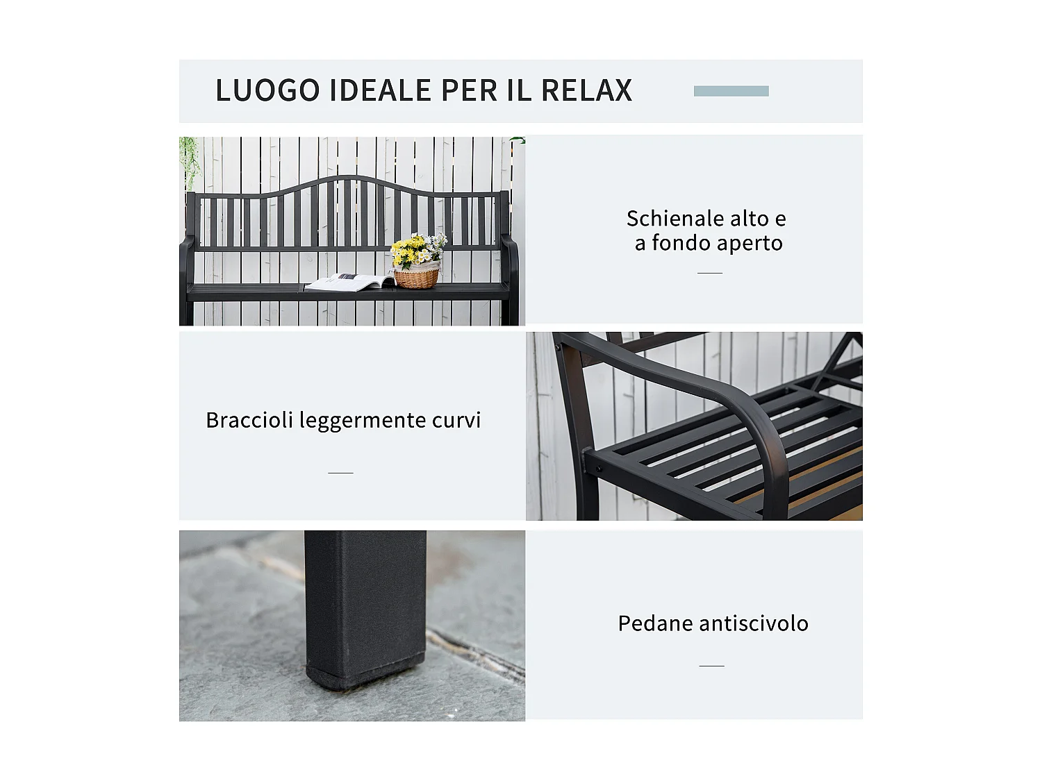 Panchina da giardino 3 posti a doghe con tavolino nero