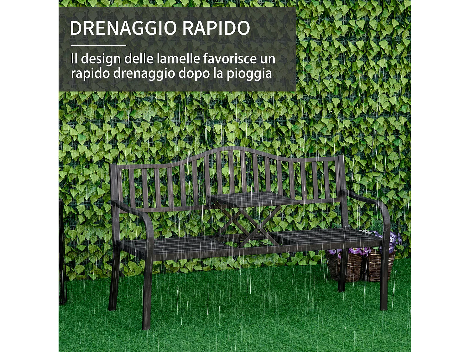 Panchina da giardino 3 posti a doghe con tavolino nero