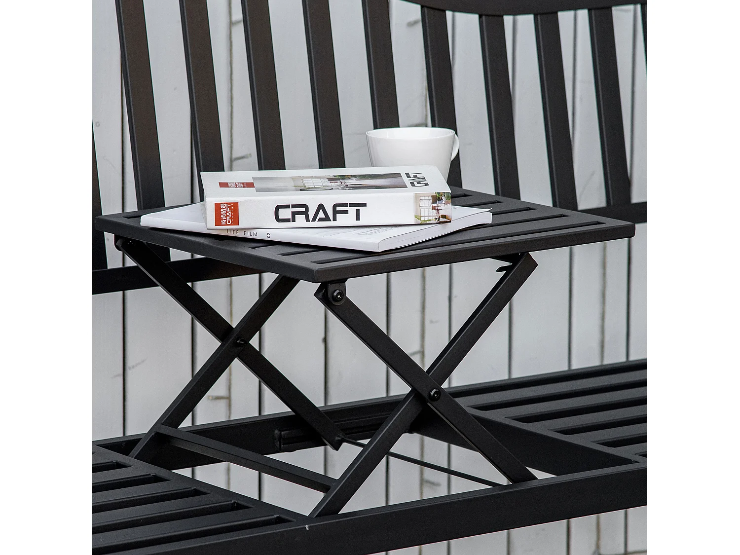 Panchina da giardino 3 posti a doghe con tavolino nero