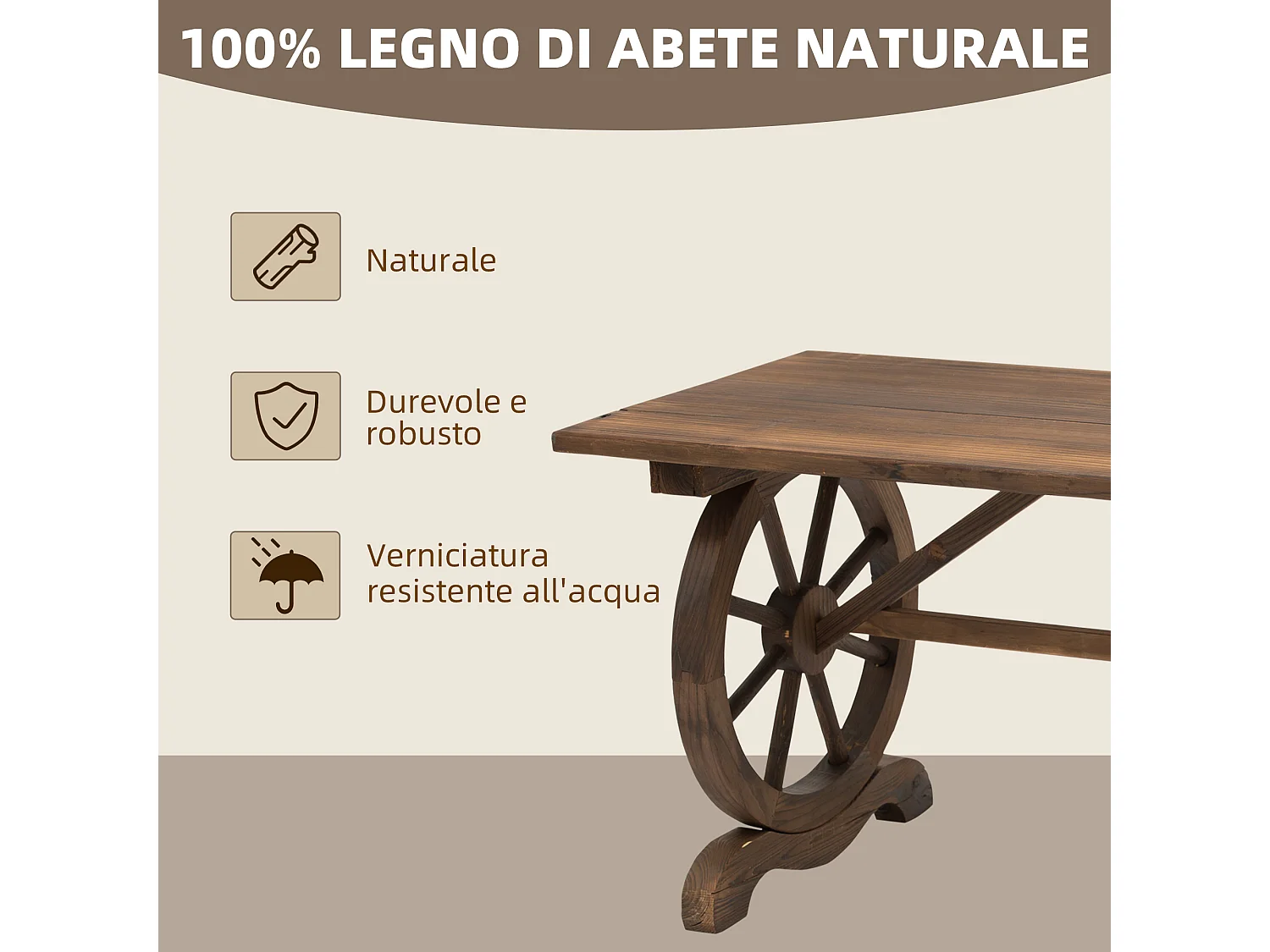 Tavolo da giardino stile country con gambe a ruota in legno