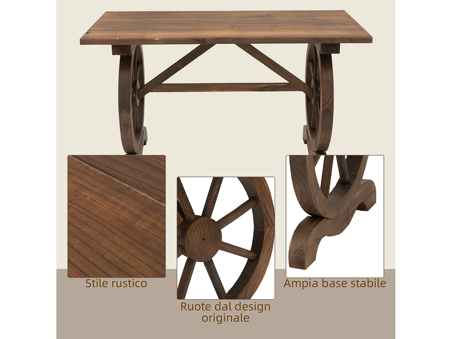 Tavolo da giardino stile country con gambe a ruota in legno
