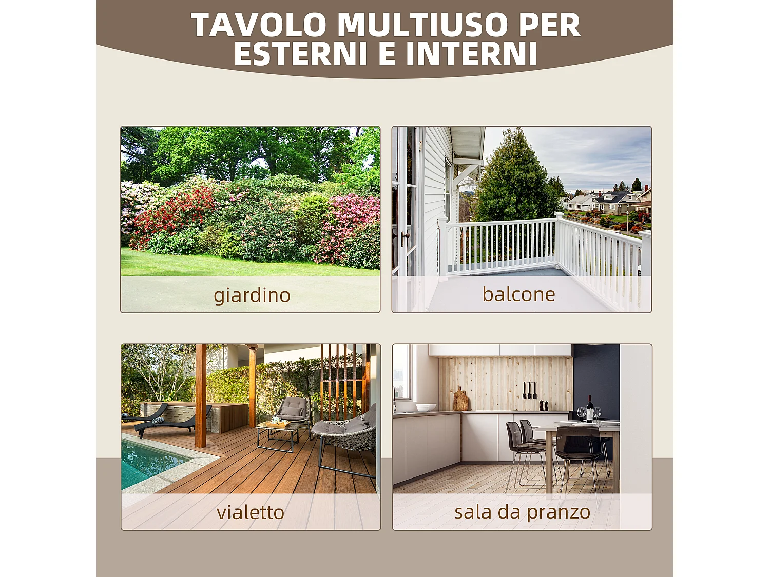 Tavolo da giardino stile country con gambe a ruota in legno