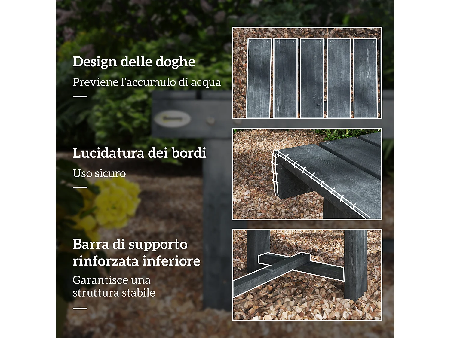Panchina da giardino 2 posti impermeabile in legno di abete grigio