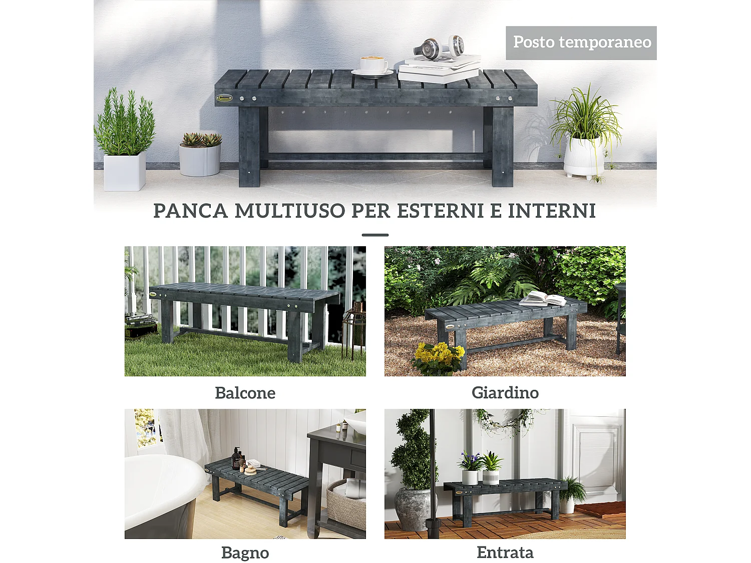 Panchina da giardino 2 posti impermeabile in legno di abete grigio