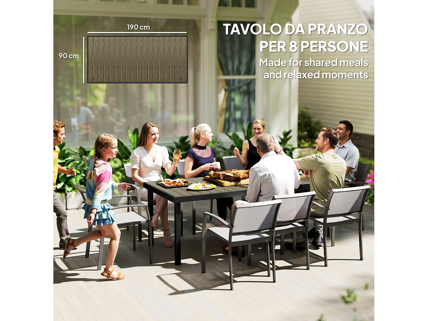 Tavolo da giardino da 8 persone plastica e alluminio legno scuro nero