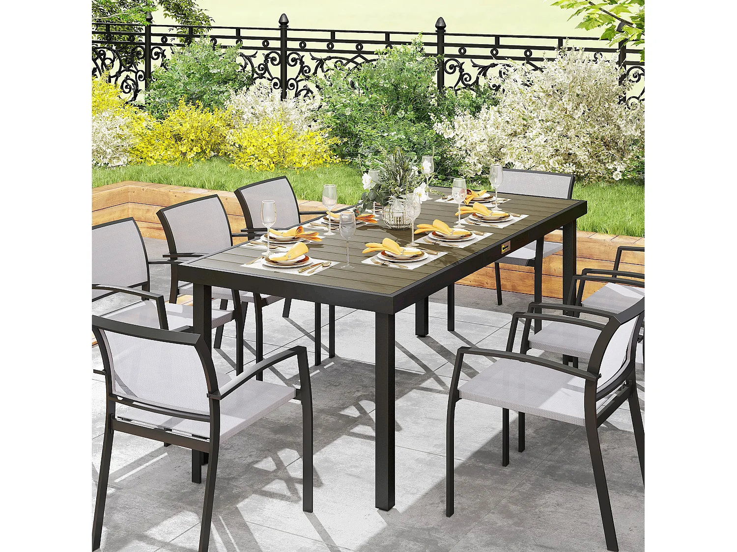 Tavolo da giardino da 8 persone plastica e alluminio legno scuro nero
