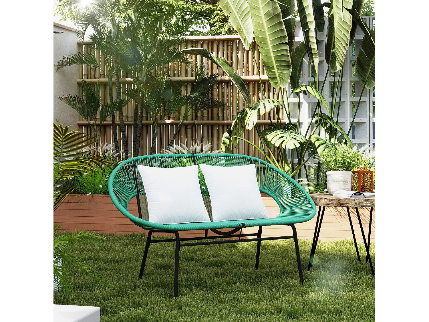 Divano da giardino 2 posti con cuscini in rattan pe e acciaio verde