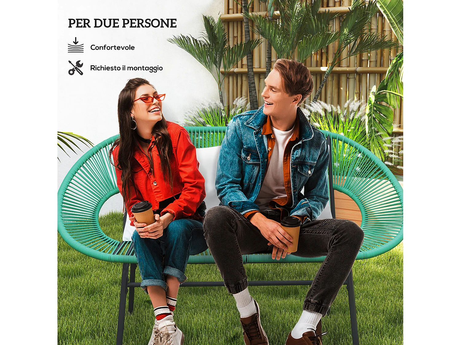 Divano da giardino 2 posti con cuscini in rattan pe e acciaio verde