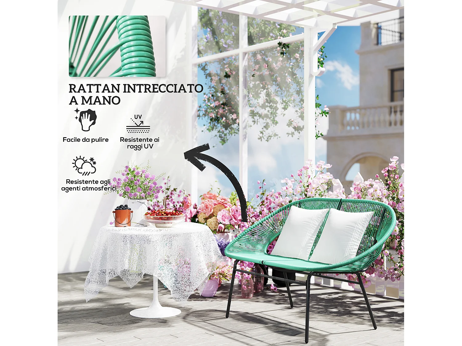 Divano da giardino 2 posti con cuscini in rattan pe e acciaio verde