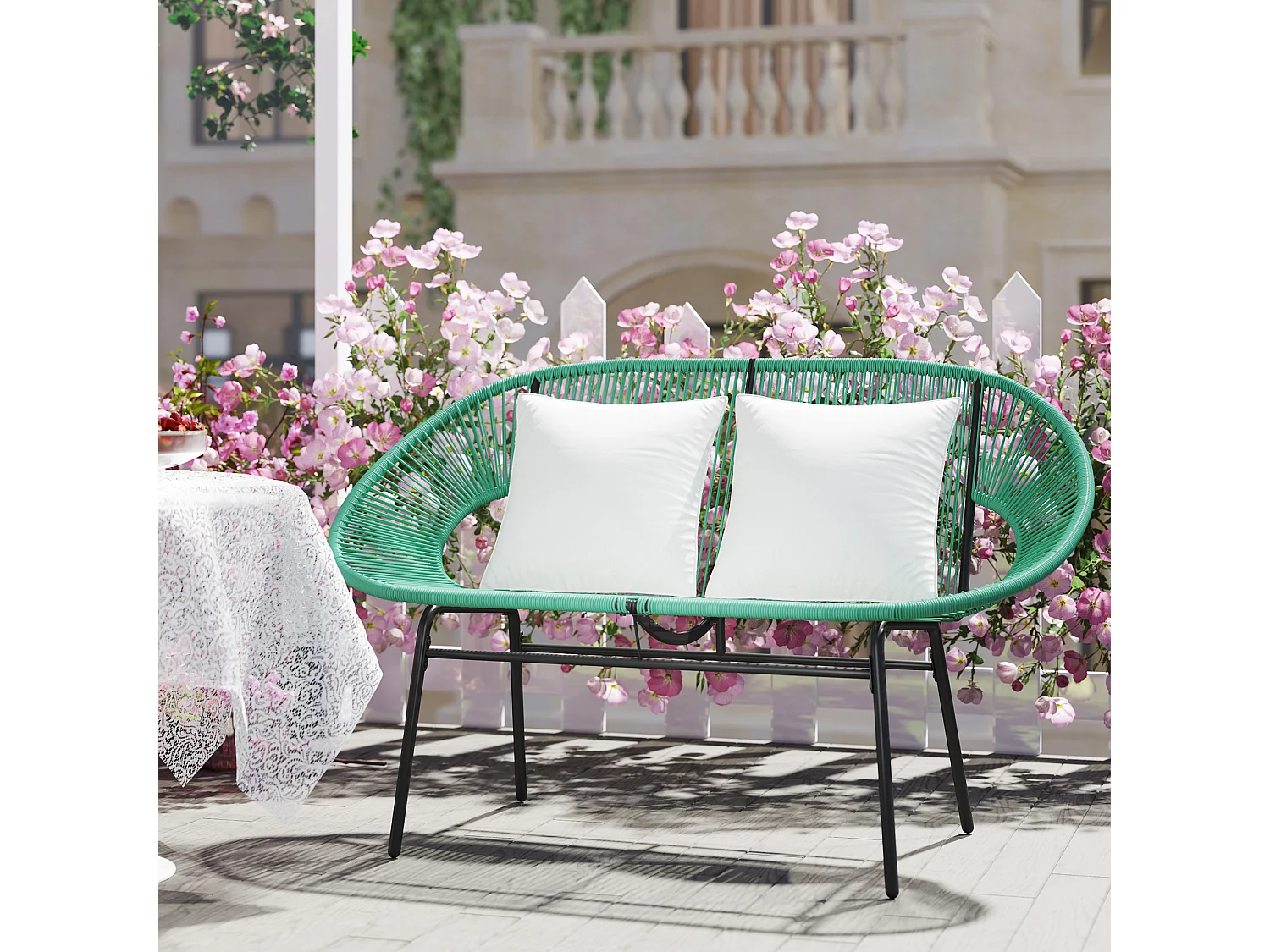 Divano da giardino 2 posti con cuscini in rattan pe e acciaio verde