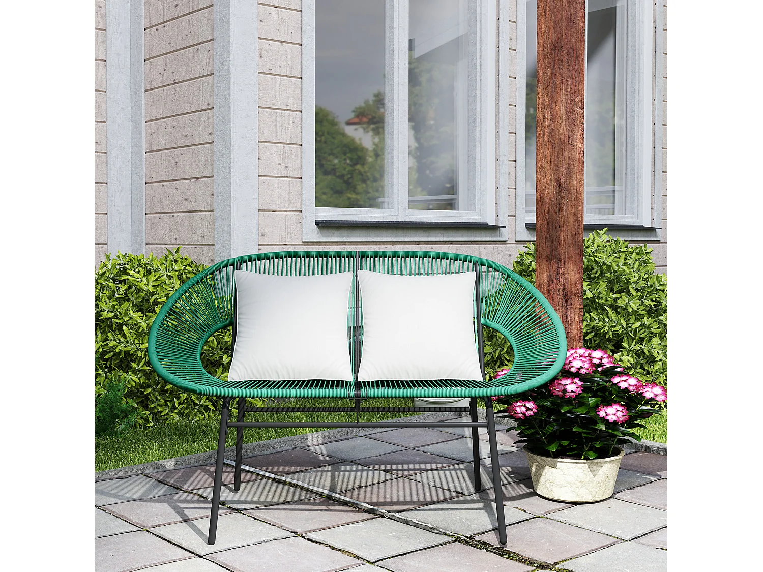 Divano da giardino 2 posti con cuscini in rattan pe e acciaio verde