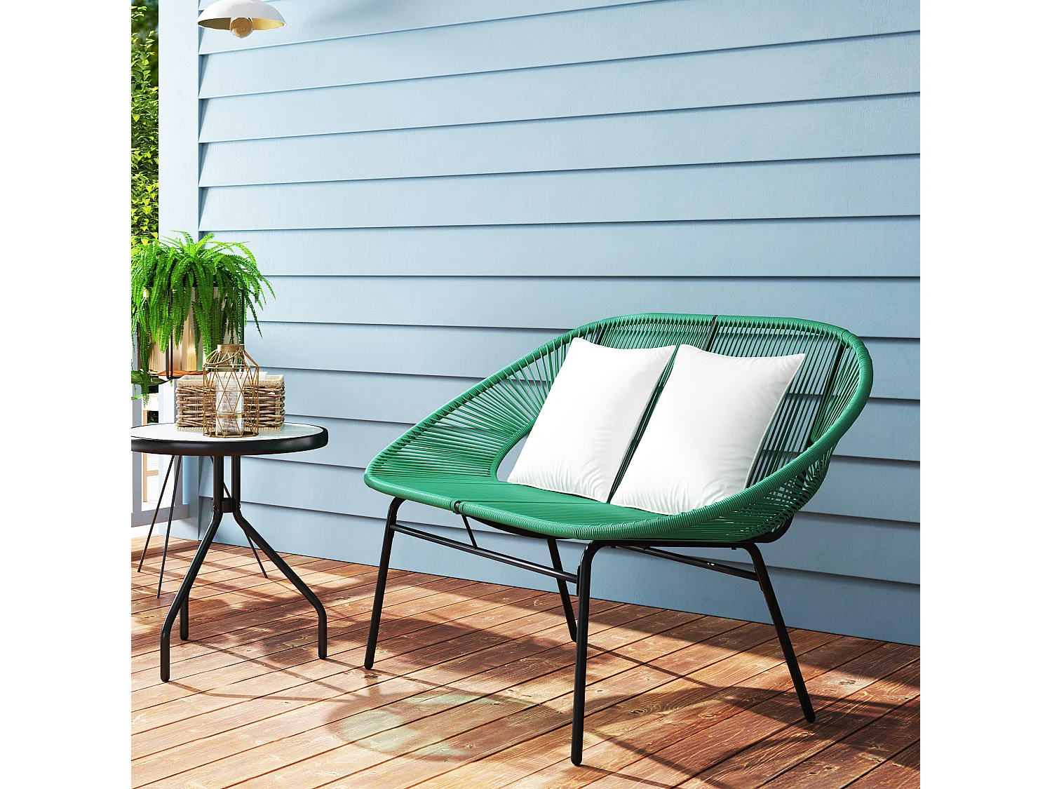 Divano da giardino 2 posti con cuscini in rattan pe e acciaio verde