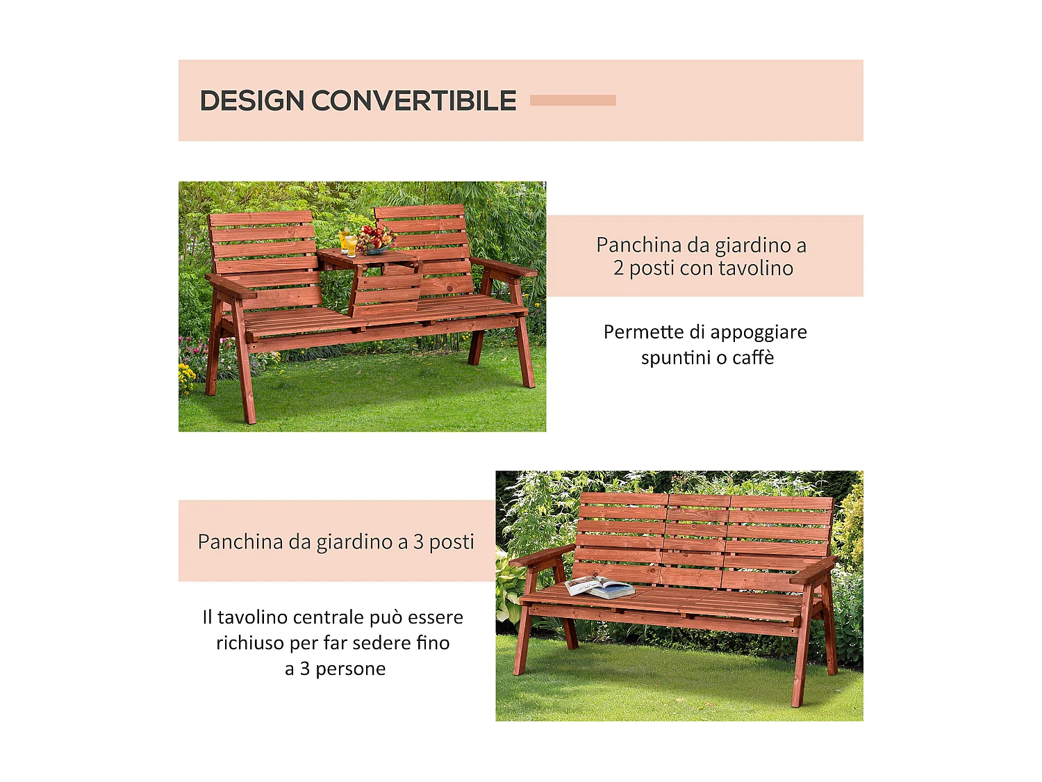 Panchina in Legno di Abete 2 3 Posti Convertibile con Tavolino Impermeabile
