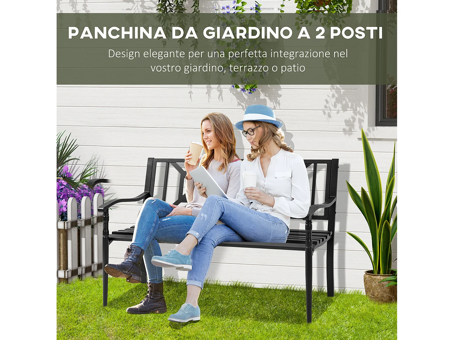 Panchina da giardino a 2 posti con braccioli in acciaio nero