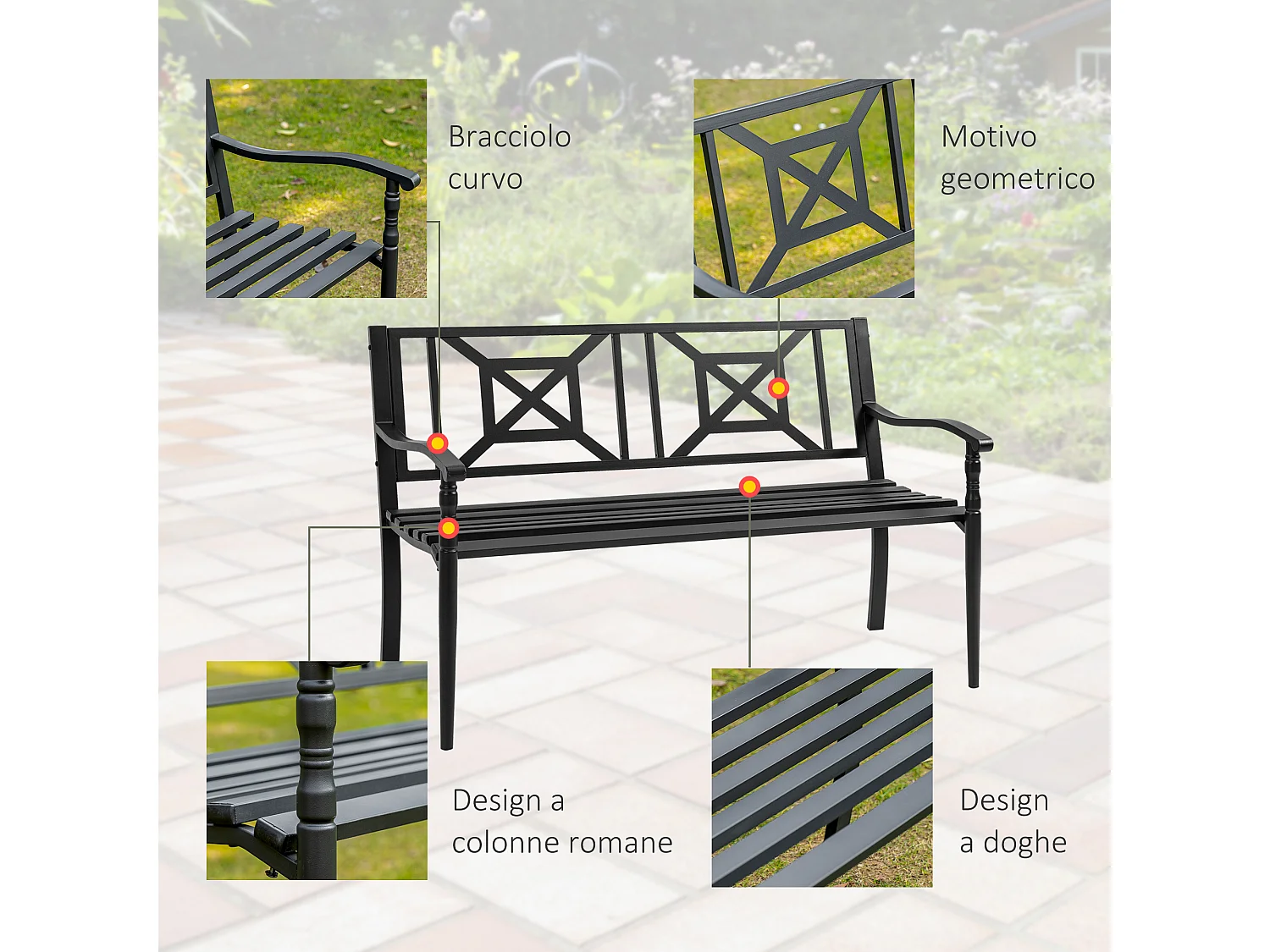 Panchina da giardino a 2 posti con braccioli in acciaio nero
