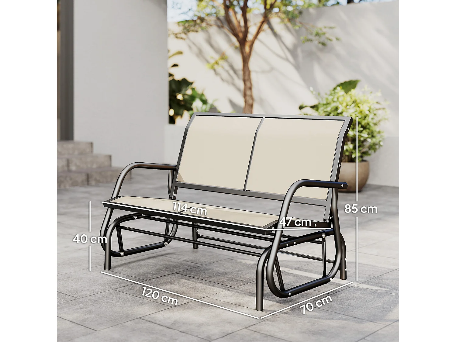 Panchina a Dondolo 2 Posti da Giardino in Metallo con Tessuto a Rete Traspirante