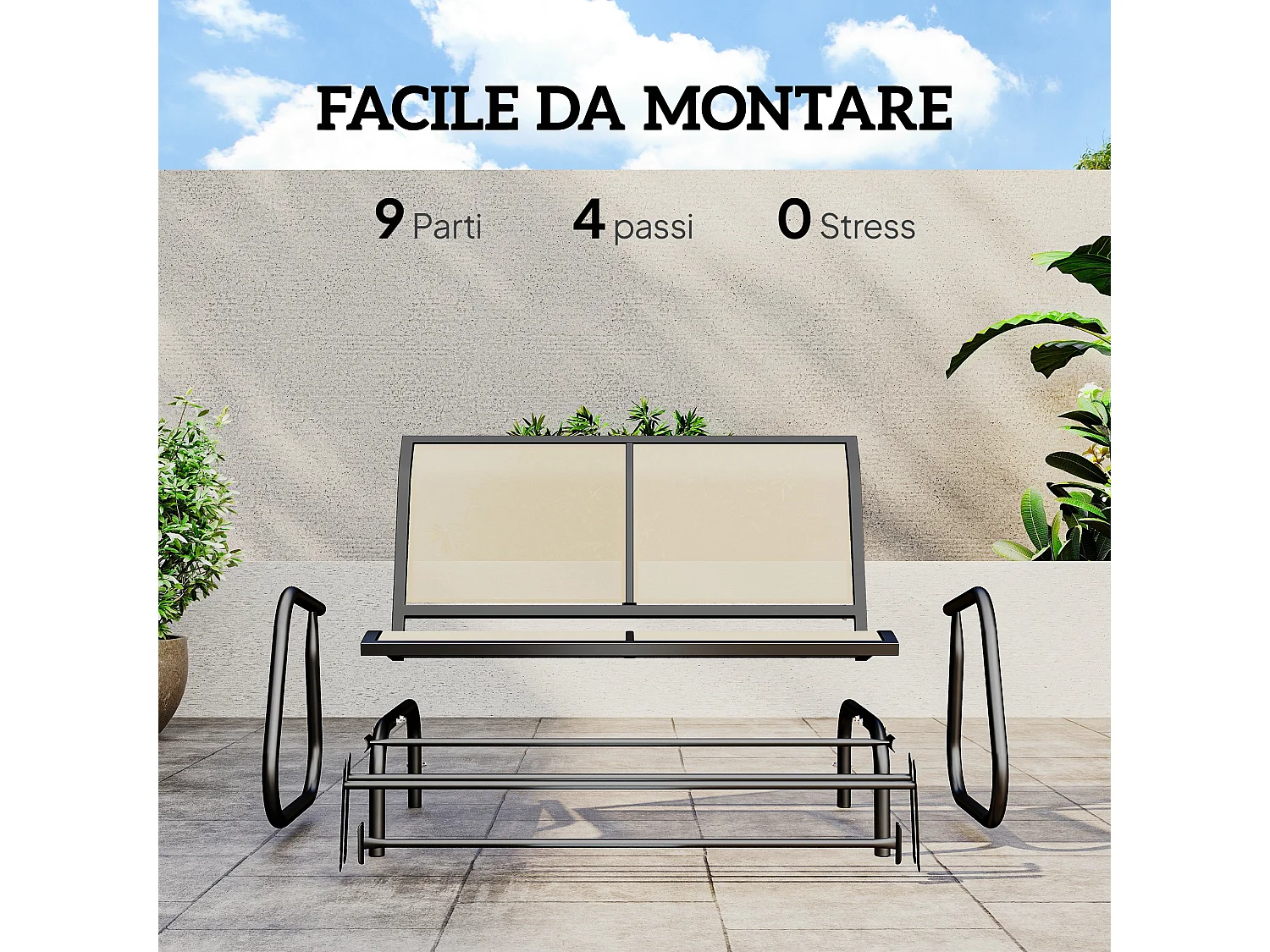 Panchina a Dondolo 2 Posti da Giardino in Metallo con Tessuto a Rete Traspirante