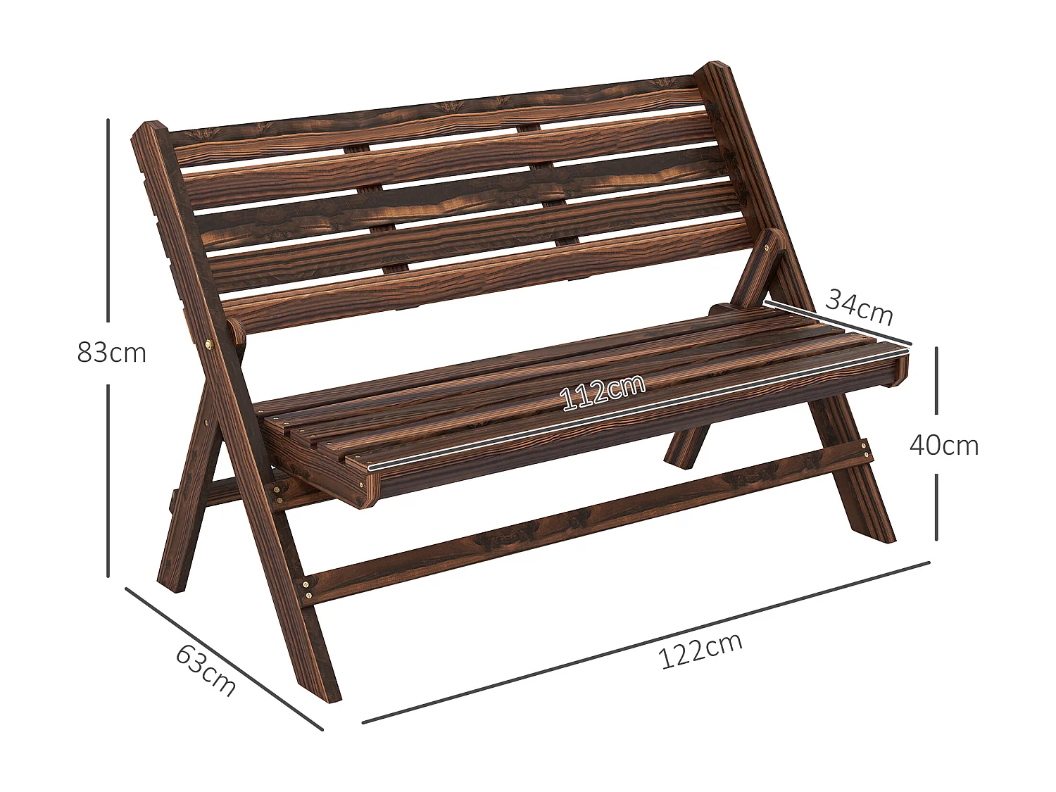 Panchina da giardino 2 posti a doghe in legno carbonizzato