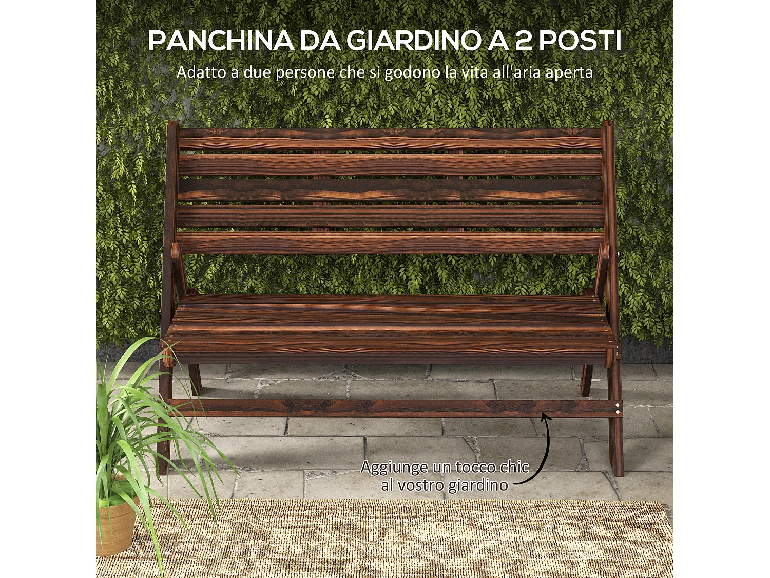 Panchina da giardino 2 posti a doghe in legno carbonizzato